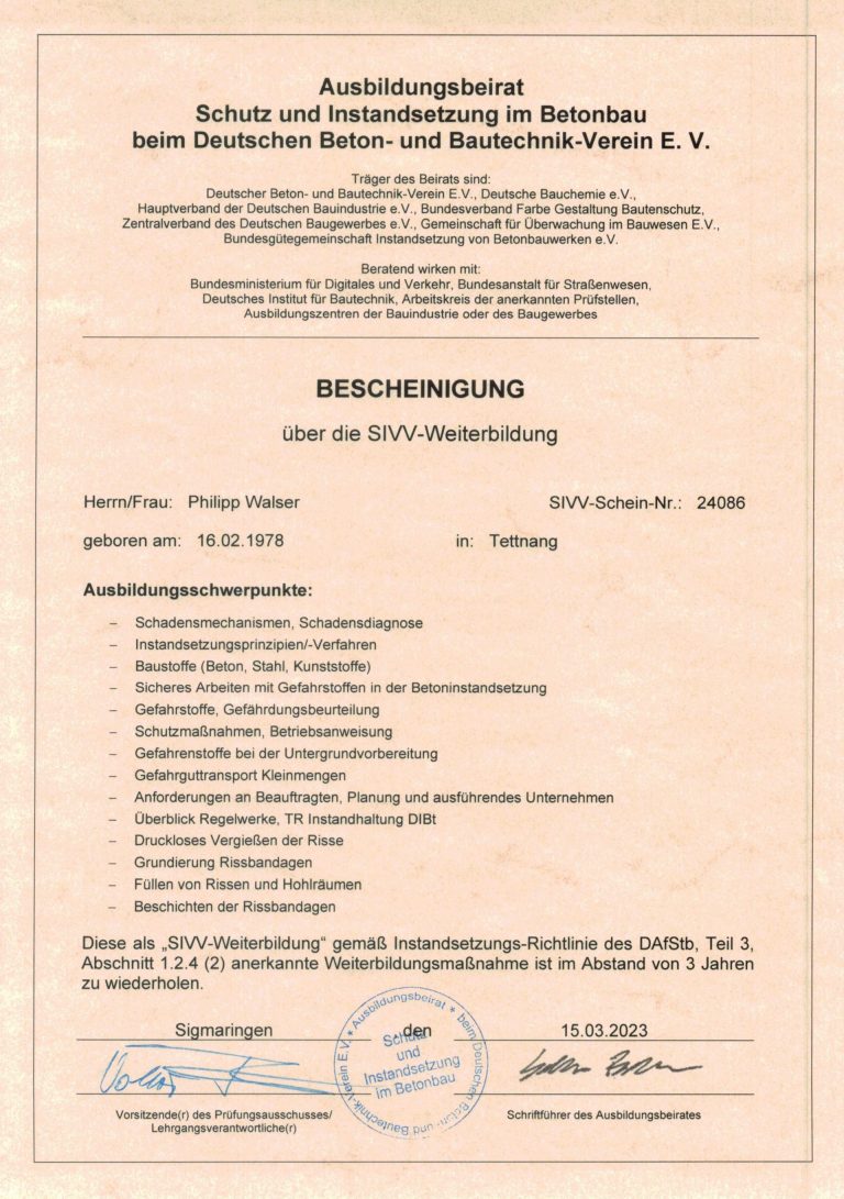 SIVV-Schein von Walser Bodensysteme für die Betoninstandsetzung